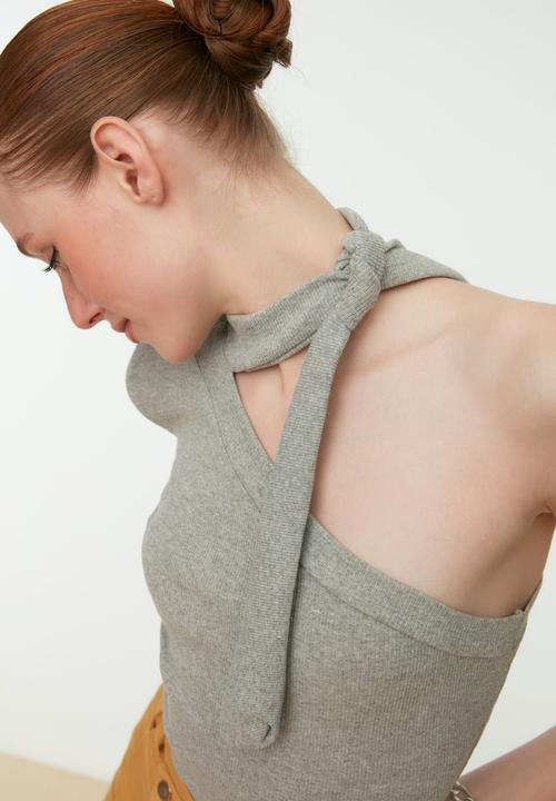 Trendyol - Shoulder detailed tie knitted blouse - grey