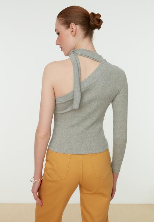 Trendyol - Shoulder detailed tie knitted blouse - grey