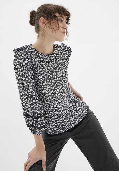 Trendyol - Waistband detail printed blouse  - black & white 