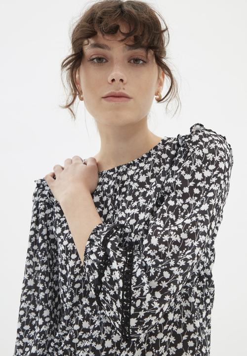 Trendyol - Waistband detail printed blouse  - black & white 