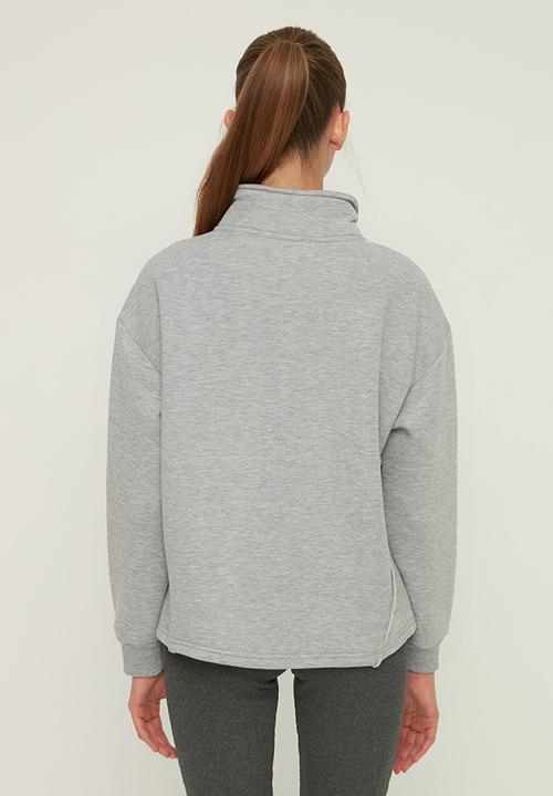 Trendyol - Polo neck oversize ragged knitted sweatshirt - grey