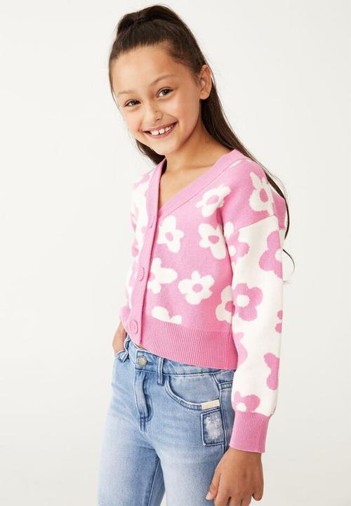 Cotton On - Mya cropped cardigan - pink gerbera & flowers
