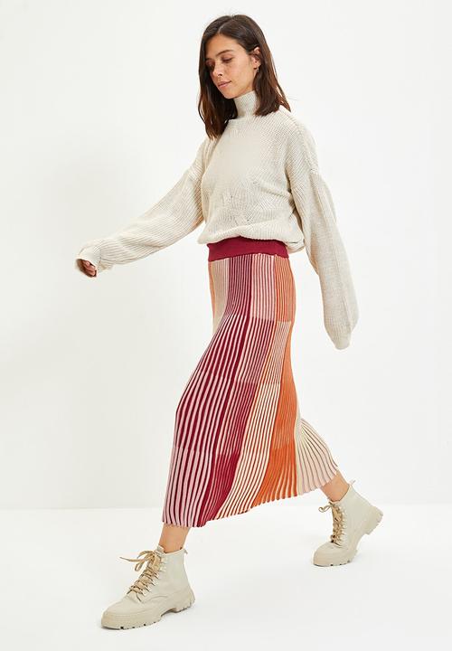 Trendyol - Color block knitwear skirt - burgundy