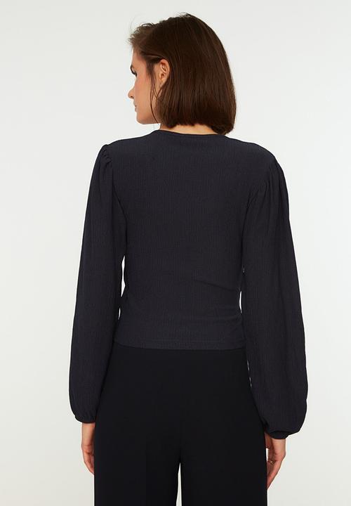 Trendyol - Double breasted crepe knitted blouse  - navy