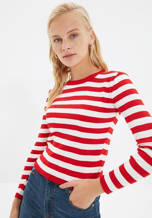 Trendyol - Striped knitwear sweater - red & white 