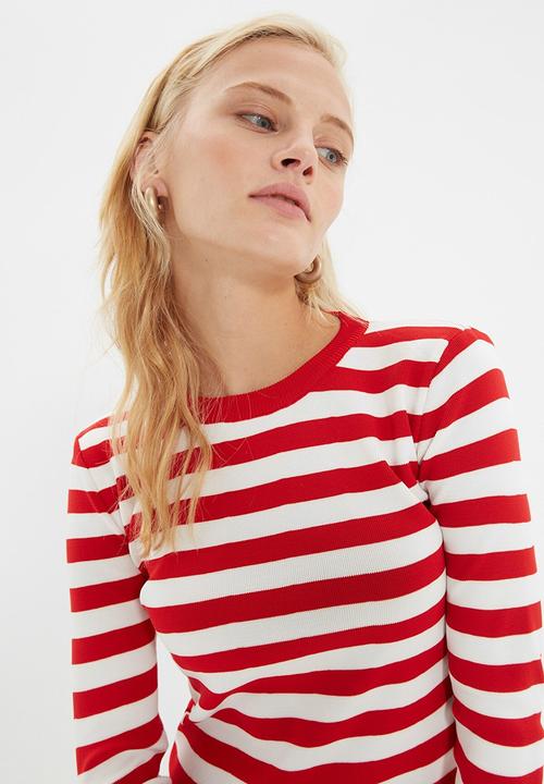 Trendyol - Striped knitwear sweater - red & white 