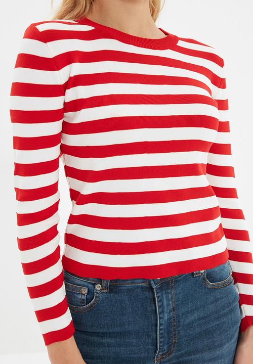 Trendyol - Striped knitwear sweater - red & white 