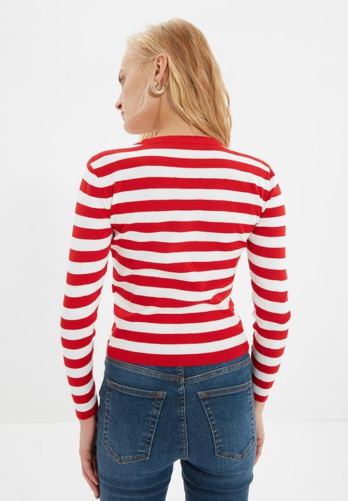 Trendyol - Striped knitwear sweater - red & white 