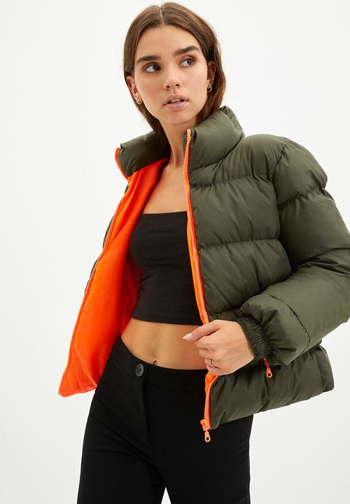 Trendyol - Neon zipper detailed puffer jacket - khaki