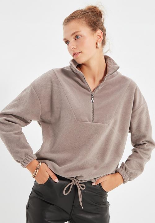 Trendyol - Zipper detailed basic knitted sweatshirt - stone