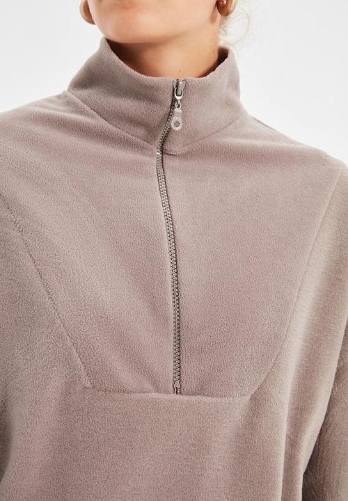 Trendyol - Zipper detailed basic knitted sweatshirt - stone
