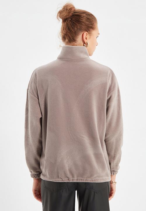 Trendyol - Zipper detailed basic knitted sweatshirt - stone