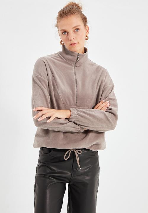 Trendyol - Zipper detailed basic knitted sweatshirt - stone