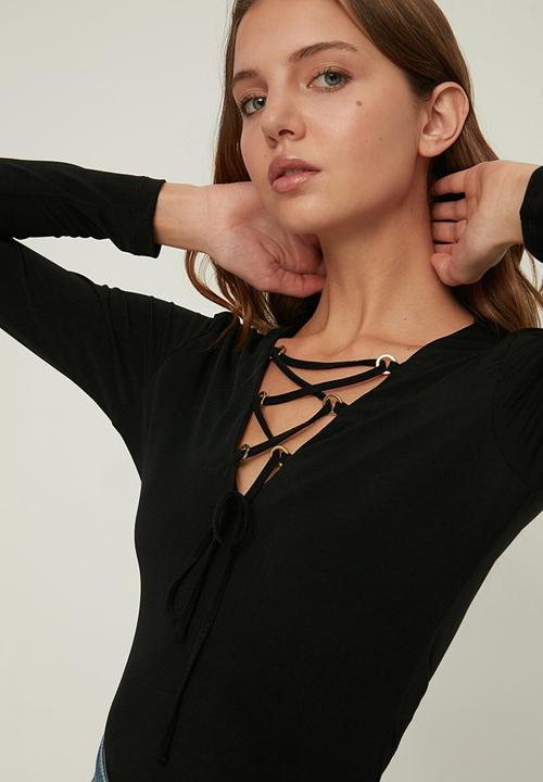Trendyol - Tie detailed knitted bodysuit  - black