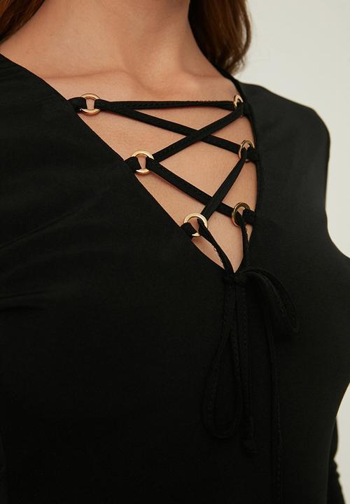 Trendyol - Tie detailed knitted bodysuit  - black