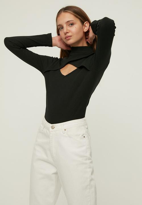 Trendyol - Cut out detailed ribbed stand collar knitted bodysuit - black