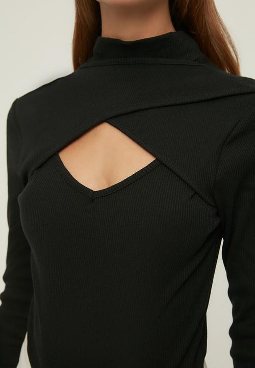 Trendyol - Cut out detailed ribbed stand collar knitted bodysuit - black