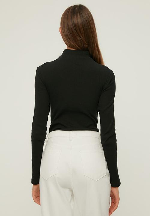 Trendyol - Cut out detailed ribbed stand collar knitted bodysuit - black
