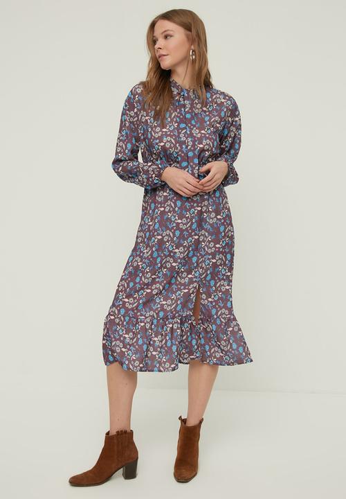 Trendyol - Patterned foulard collar dress  - burgundy