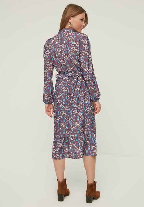 Trendyol - Patterned foulard collar dress  - burgundy