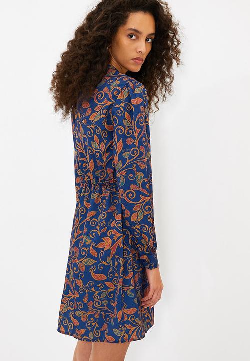 Trendyol - Patterned stand collar dress - navy & rust