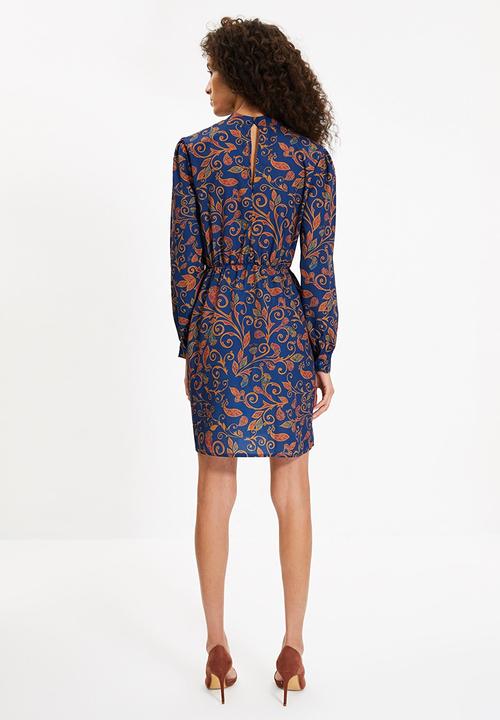 Trendyol - Patterned stand collar dress - navy & rust