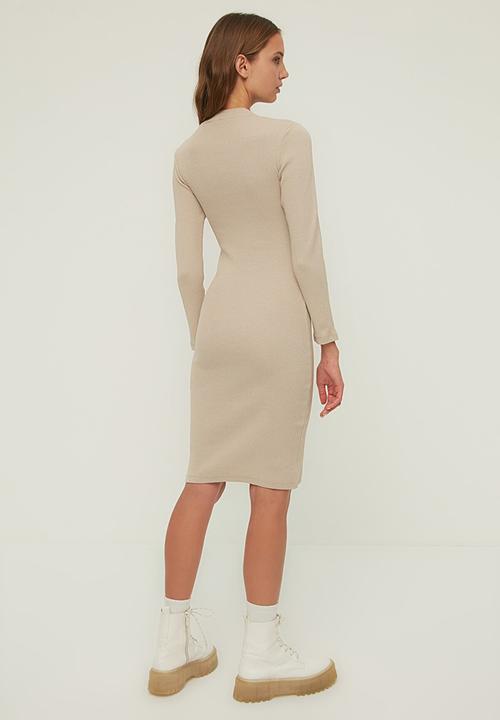 Trendyol - Button detailed bodycon midi knitted dress - stone