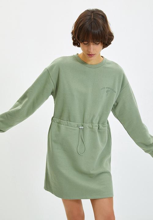 Trendyol - Waist pleated embroidered and raised knitted dress - mint