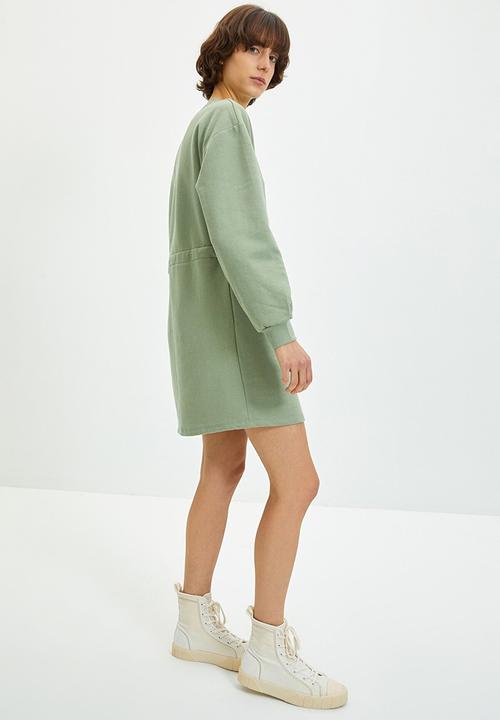 Trendyol - Waist pleated embroidered and raised knitted dress - mint