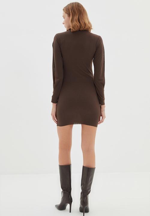 Trendyol - Sleeve slit detailed corduroy knitted dress - brown