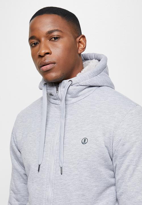 Lark & Crosse - Themba sherpa lined zip through hoodie - grey melange