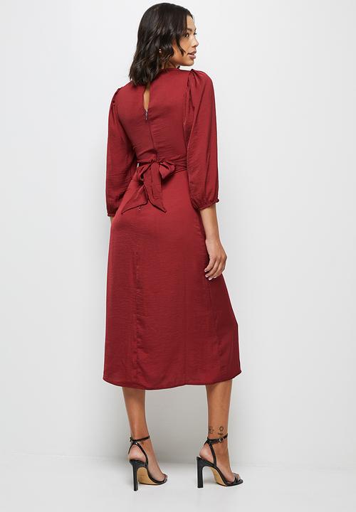 MILLA - Satin wrap front midi dress - deep red 