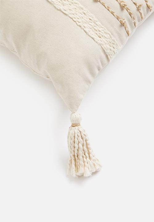 Sixth Floor - Tassel tufted Cord embroidery cushion cover - stone