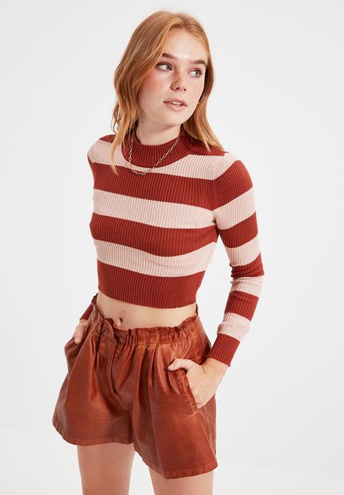 Trendyol - Striped knitwear sweater - brick & beige 