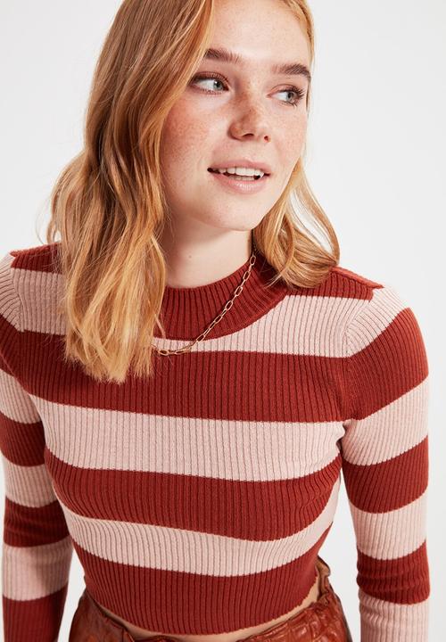 Trendyol - Striped knitwear sweater - brick & beige 