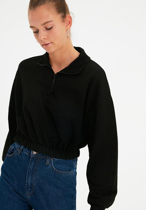 Trendyol - Gathered detailed crop knitted sweatshirt  - black