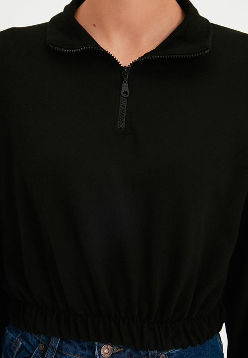 Trendyol - Gathered detailed crop knitted sweatshirt  - black