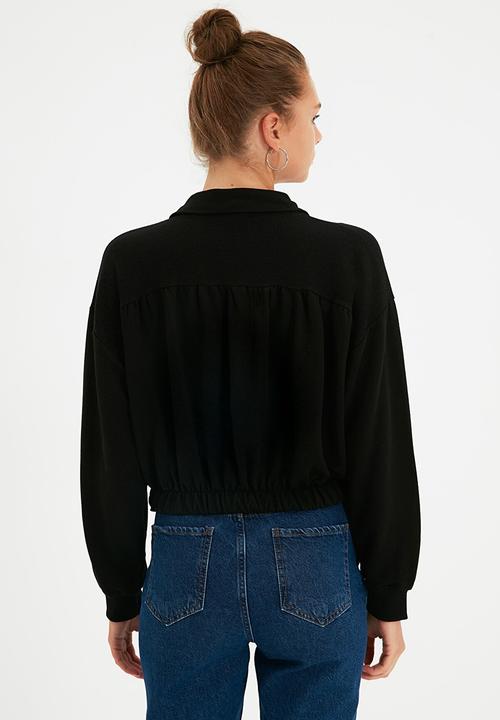Trendyol - Gathered detailed crop knitted sweatshirt  - black