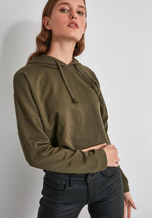 Trendyol - Hooded crop knitted sweatshirt  - khaki