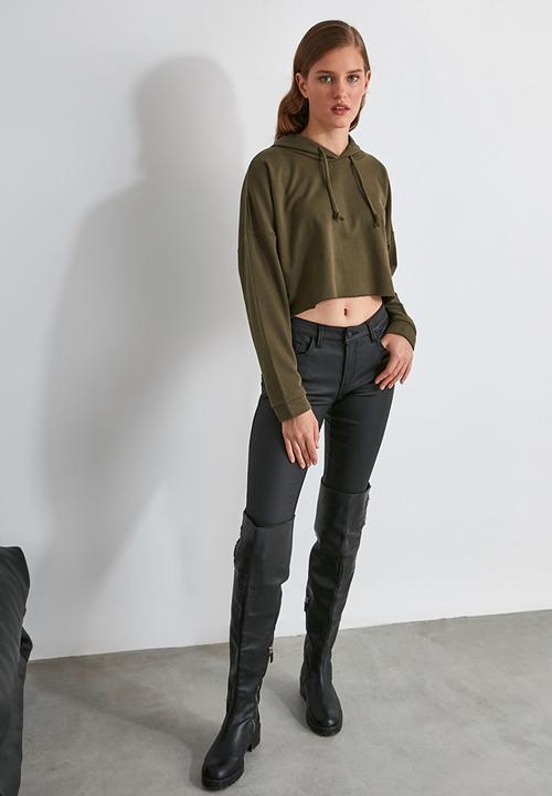 Trendyol - Hooded crop knitted sweatshirt  - khaki