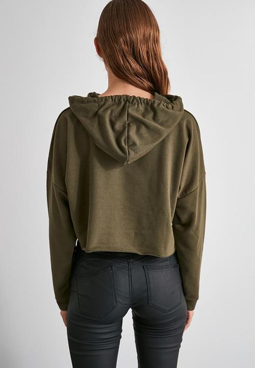 Trendyol - Hooded crop knitted sweatshirt  - khaki