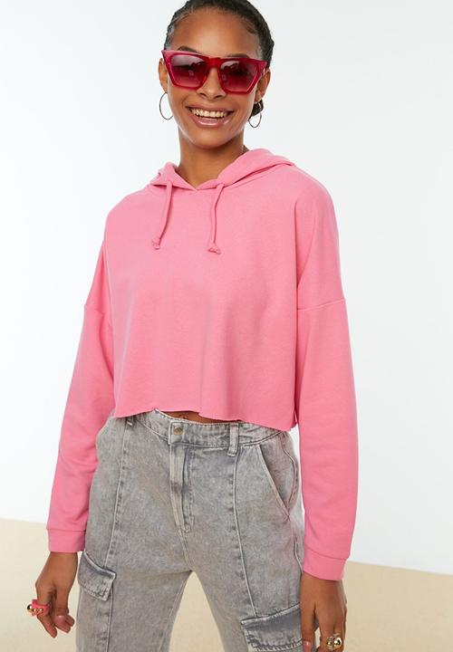 Trendyol - Hooded crop knitted slim sweatshirt  - pink