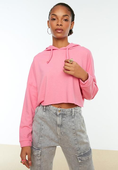 Trendyol - Hooded crop knitted slim sweatshirt  - pink
