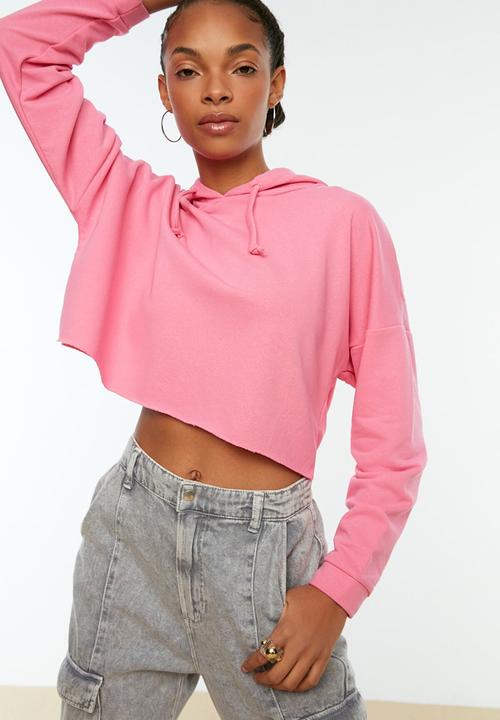 Trendyol - Hooded crop knitted slim sweatshirt  - pink