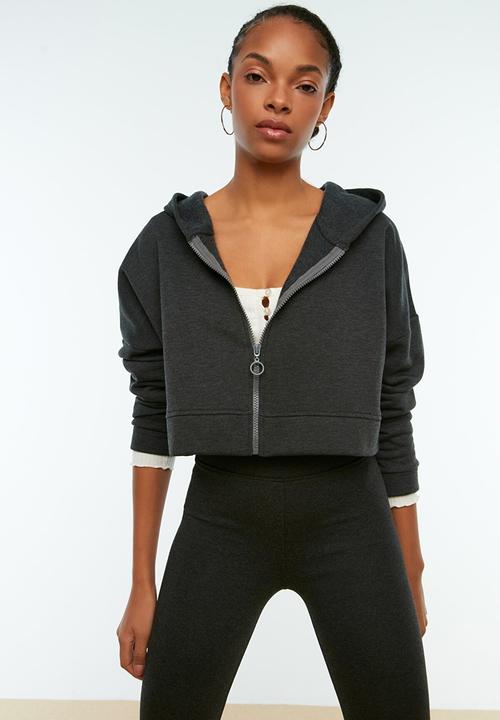 Trendyol - Hooded crop knitted sweatshirt  - grey 