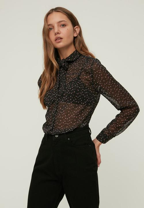 Trendyol - Printed pussybow blouse  - black