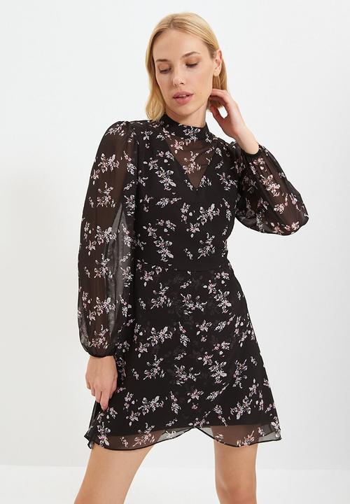 Trendyol - Patterned stand collar dress - black