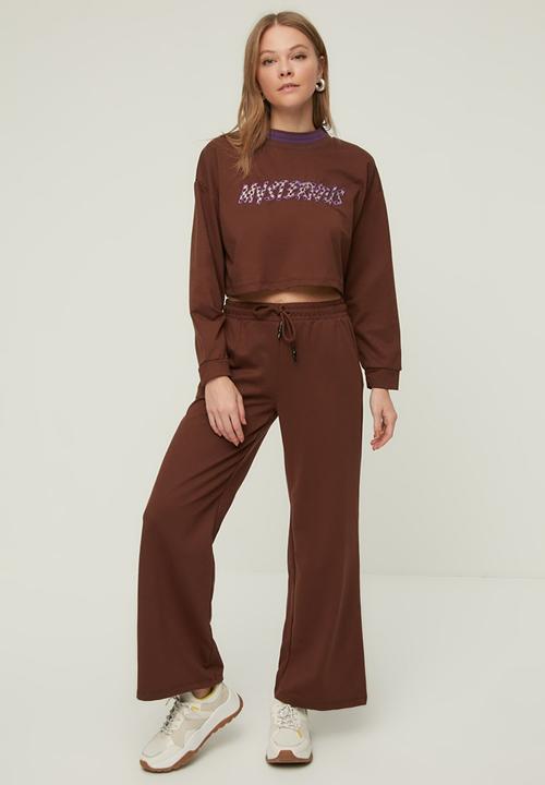 Trendyol - Crop knitted tracksuit set  - brown