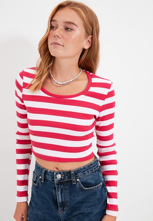 Trendyol - Corduroy crop knitted blouse  - fuchsia