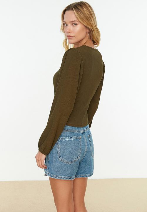 Trendyol - Double breasted crepe knitted blouse - khaki